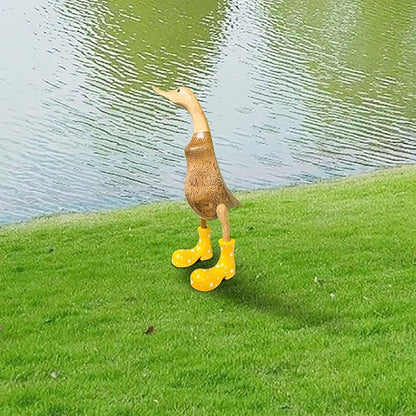 Wooden Crafted Duck Figurine with Spotty Wellies Funny Standing Duck Statues Decorative Resin Rain Boot Animal Sculpture Collectible Crafts Waterproof Garden Lawn Ornament (Yellow, 7.9Inch)