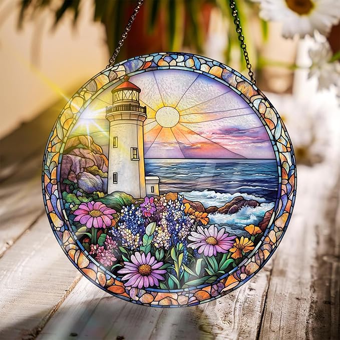 Bimkole Lighthouse Stained Glass Suncatcher Window Hanging - Flower Scenery Indoor Window or Doorway Decoration - Handmade Sun Catcher Decor for Garden Home Christmas & Birthday Gifts 7.87x7.87 inch
