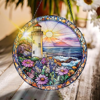 Bimkole Lighthouse Stained Glass Suncatcher Window Hanging - Flower Scenery Indoor Window or Doorway Decoration - Handmade Sun Catcher Decor for Garden Home Christmas & Birthday Gifts 7.87x7.87 inch