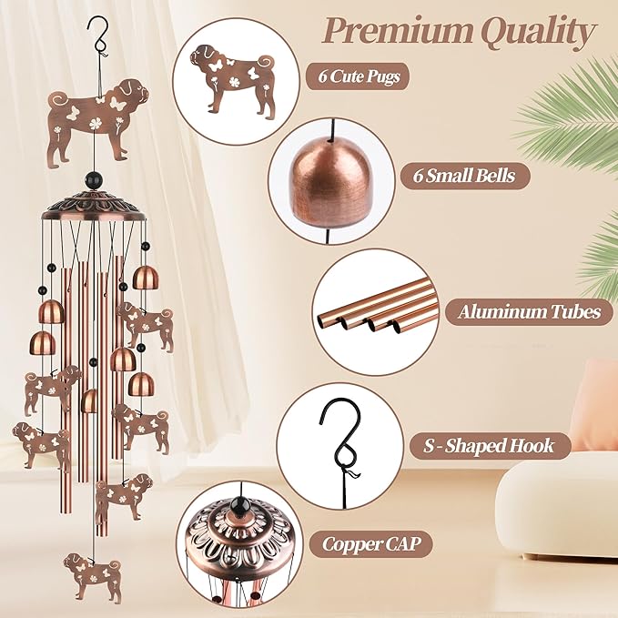 Pug Wind Chimes, Pug Gifts for Pug Lovers Women Men, Dog Metal Windchimes, Outdoor Memorial Housewarming Birthday Gifts, Patio Décor