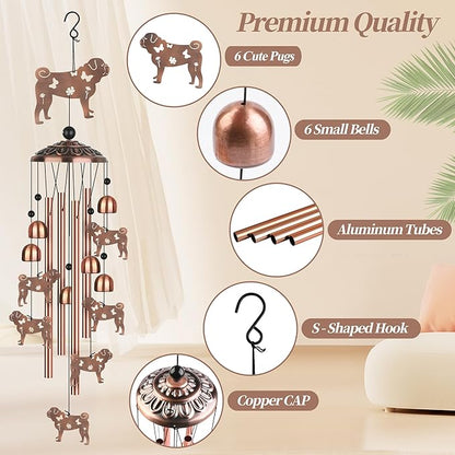 Pug Wind Chimes, Pug Gifts for Pug Lovers Women Men, Dog Metal Windchimes, Outdoor Memorial Housewarming Birthday Gifts, Patio Décor