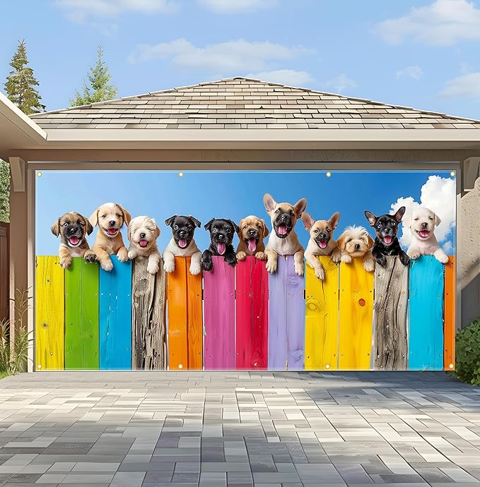 157.5x70.9in Large Garage Door Banner Cute Dog Garage Door Cover Outdoor Decorations with Grommets & Rope for House Exterior Party Driveway Decor