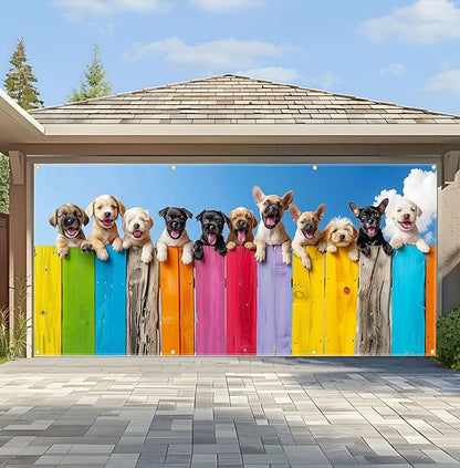 157.5x70.9in Large Garage Door Banner Cute Dog Garage Door Cover Outdoor Decorations with Grommets & Rope for House Exterior Party Driveway Decor