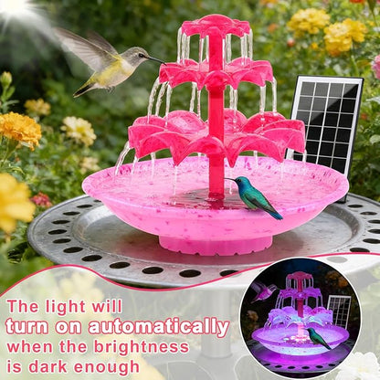 Yeomi Red 3-Tier Solar Fountain Pump with LED Lights, 24H Outdoor Water Feature, Detachable Design, Multi-Function Bird Bath Fountain for Garden Patio Yard Backyard Pond, 3.5W