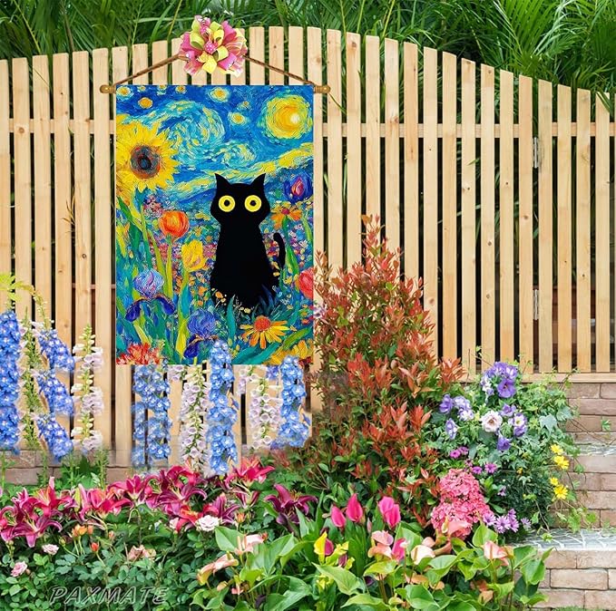 Oil Painting Starry Night Sky Moon Cat Flowers Spring House Flag 28x40 Inch Double Sided Large Burlap Yard Flag Seasonal Farmhouse Outdoor Outside Holiday Decoration