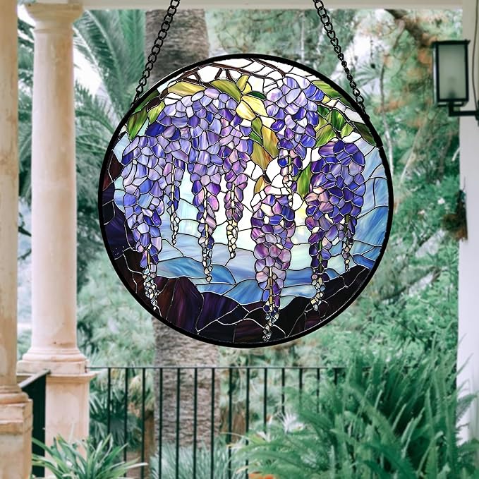 DASTOLL Stained Glass Window Hanging, Purple Wisteria Flowers Suncatcher for Doors Window Home Plant Sun Catchers Decoration Mother's Day Birthday Gifts for Women, Men, and Mom 7.8x7.8 in