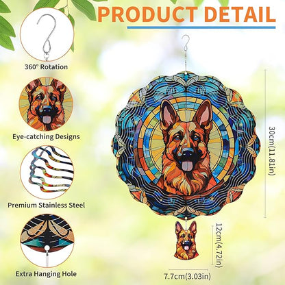 German Shepherd Wind Spinners Outdoor - 3D Cute Dog for Women, Wind Spinner for Yard Patio Ornament Garden Decor, 12 Inch Hanging Kinetic Metal Wind Spinners Sculpture