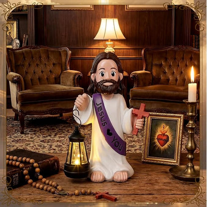 Capoda Solar Jesus Figurine 8 Inch, He is Risen Easter Statue with Glowing Lantern, Jesus Loves You Christian Resin Outdoor Garden Statue Decor, Religious Easter Gifts (Cross,Purple)