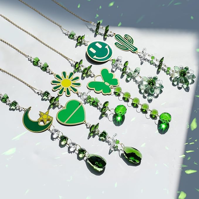 Green Suncatcher, 15.5 Inch Crystal Sun Catcher Windows Hanging, Gift for Spring Home Decor Rainbow Sparkly Pendant