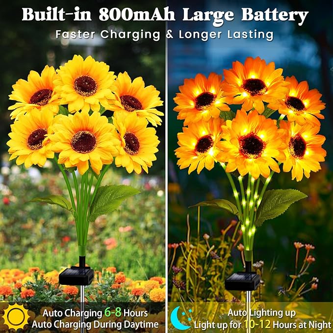 Solar Garden Lights Outdoor, 2 Pack Sunflower Lights with 12 Sunflower, Waterproof 60 Led Garden Fall Decor, Gifts for Mom Grandma, Decorative Solar Flowers for Pathway Patio Yard Flowerbed Decoration