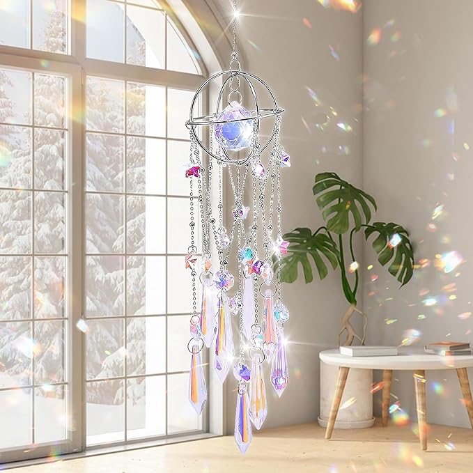 Crystal Sun Catcher Hanging Suncatchers Crystal Prisms Wind Chime Room Decor for Garden Home Windows Decoration (Silver Planet)