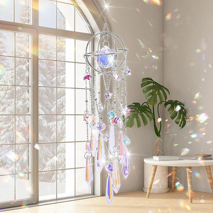 Crystal Sun Catcher Hanging Suncatchers Crystal Prisms Wind Chime Room Decor for Garden Home Windows Decoration (Silver Planet)