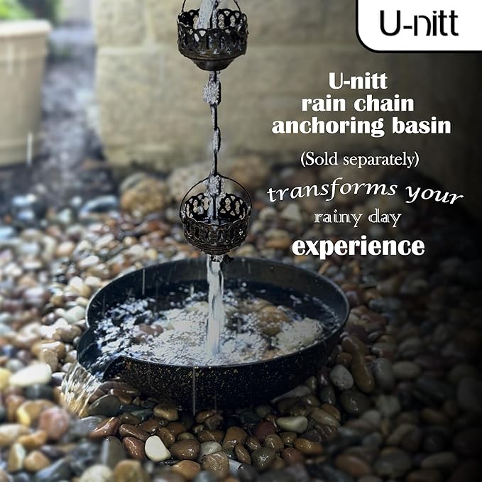 U-nitt Rain Chain Water Collection for Gutters Rainwater Catcher & Diverter, 8.5 FT Chains for Outside Garden, Antique Copper Cups, Roof Downspout, Works with Heavy Rain, w/ Gutter Clip for Rainchains
