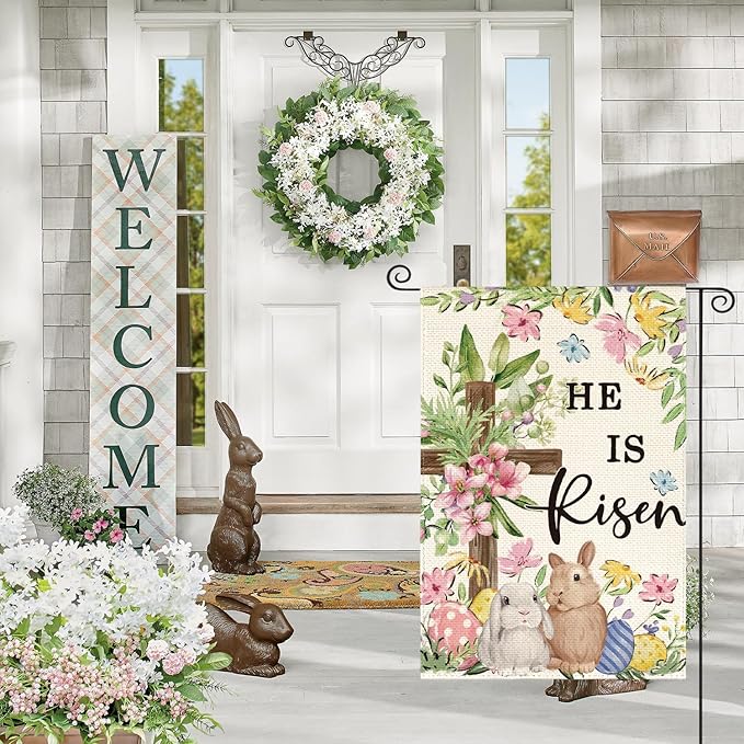 AVOIN colorlife He Is Risen Easter Garden Flag 12x18 Inch Double Sided Outside, Bunnies Flowers Cross Yard Outdoor Decoration
