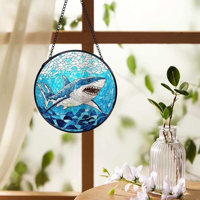 Blue Ocean Beach Shark Suncatchers Stained Glass Window Hanging, Shark Decor Sun Catchers Indoor Window Glass Round Wall Decor, Coastal Beachy Wall Hanging Decorations, 7.9x7.9in
