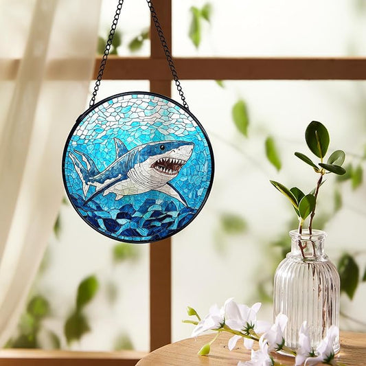 Blue Ocean Beach Shark Suncatchers Stained Glass Window Hanging, Shark Decor Sun Catchers Indoor Window Glass Round Wall Decor, Coastal Beachy Wall Hanging Decorations, 7.9x7.9in