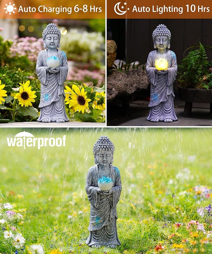 Nacome Solar Buddha Garden Statues with Lotus Flower: Resin Zen Decor Waterproof Sculpture Outdoor Light Design for Outside Patio Lawn Yard Balcony - 14.6 inches(Grey)