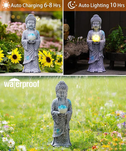 Nacome Solar Buddha Garden Statues with Lotus Flower: Resin Zen Decor Waterproof Sculpture Outdoor Light Design for Outside Patio Lawn Yard Balcony - 14.6 inches(Grey)