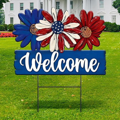 Amyhill 1 Pcs Patriotic 4th of July Outdoor Decor Daisy Metal Garden Stakes Memorial Day Welcome Yard Signs Decorations Garden Stakes for 250th Anniversary Patio Lawn Walkway Outside