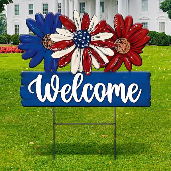 Amyhill 1 Pcs Patriotic 4th of July Outdoor Decor Daisy Metal Garden Stakes Memorial Day Welcome Yard Signs Decorations Garden Stakes for 250th Anniversary Patio Lawn Walkway Outside