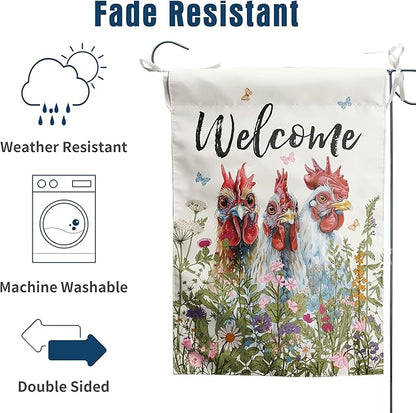 Floral Chicken Garden Flag 28x40 Double Sided Flower Rooster Farmhouse Yard Flag for Outside Welcome Decor