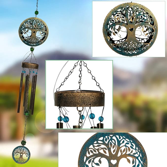 Solar Tree of Life Wind Chimes,46.5" Sympathy Wind Chimes Outdoor Deep Tone Unique for Mom Women Grandma, Memorial Retirement Gifts, Garden Patio Balcony Yard Home Decor
