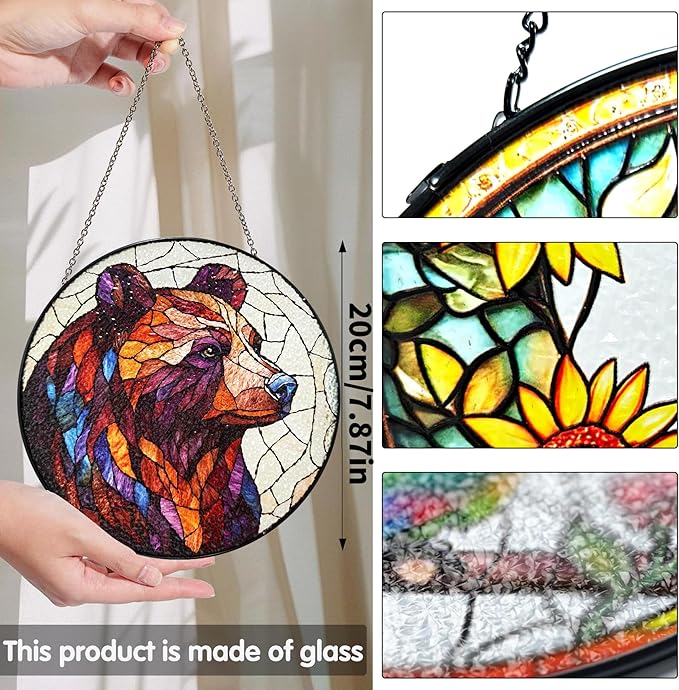 Bimkole Bear Stained Glass Suncatcher Window Hanging - Animals Design for Indoor Window or Doorway Decoration - 7.87x7.87 inch with Chain and Hook - Unique Home Decor Gift