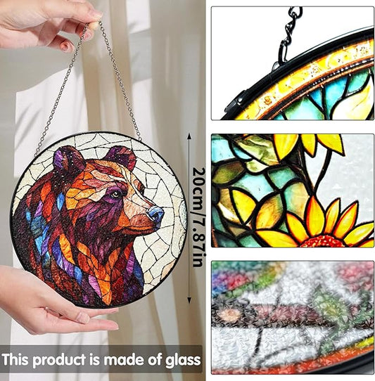 Bimkole Bear Stained Glass Suncatcher Window Hanging - Animals Design for Indoor Window or Doorway Decoration - 7.87x7.87 inch with Chain and Hook - Unique Home Decor Gift