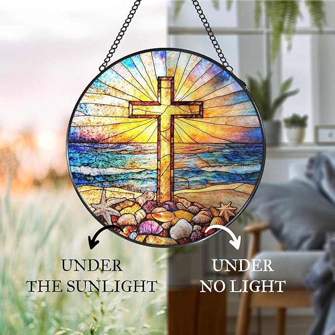 Cross Coastal Stained Glass Window Hanging Suncatcher, Christian Beach Shells Sunset Sun Catcher Indoor Window Decor Gifts, Religious Painted Glass Round Wall Hanging Decorations 7.8x7.8 in