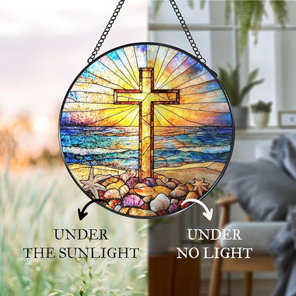 Cross Coastal Stained Glass Window Hanging Suncatcher, Christian Beach Shells Sunset Sun Catcher Indoor Window Decor Gifts, Religious Painted Glass Round Wall Hanging Decorations 7.8x7.8 in