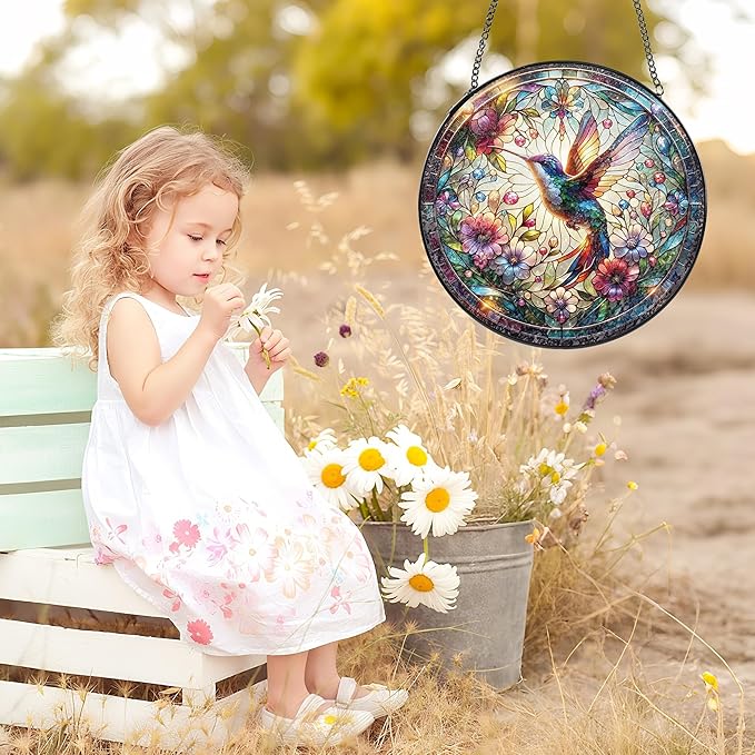 Hummingbird Stained Glass Window Hanging, 8" Round Hummingbird Suncatcher, Floral Decorative Glass Art for Home Garden, Memory Gift for Mom and Grandma