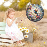 Hummingbird Stained Glass Window Hanging, 8" Round Hummingbird Suncatcher, Floral Decorative Glass Art for Home Garden, Memory Gift for Mom and Grandma