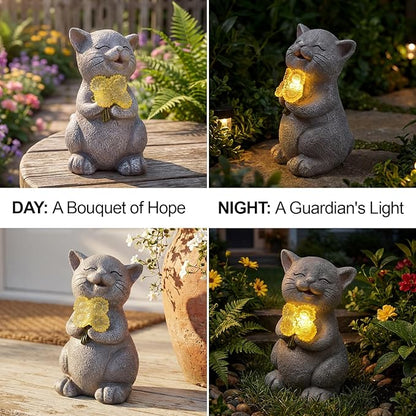 PETAFLOP Solar Cat Garden Statue with LED Sunflower, Healing Emotional Figurine Patio Balcony Yard Lawn Outdoor, Christmas Birthday Housewarming Gifts for Mom Grandma Women Cats Lover