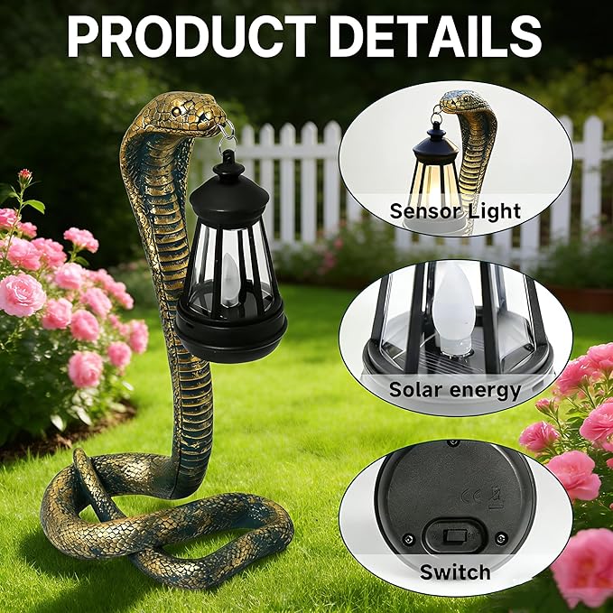 Solar Garden Outdoor Statues Snake with Solar Lights Outdoor Chrismtas Decorations - Lawn Decor Snake Statue for Patio, Balcony, Yard Ornament - Unique Housewarming Gifts (Bronze Colored)