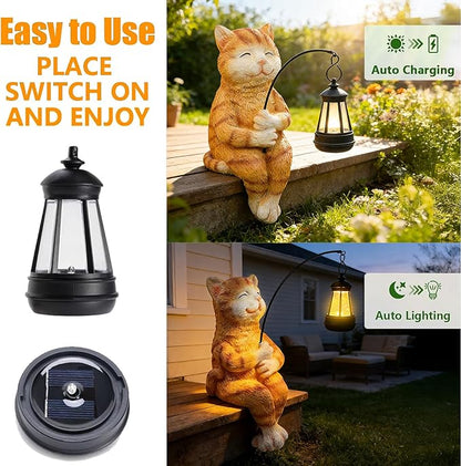 Teaeeno Cat Outdoor Statues for Garden Outside Decor with Solar Lantern Clearance for Yard Art Lawn Ornaments Porch Patio Balcony Home House for Grandma Mom Women