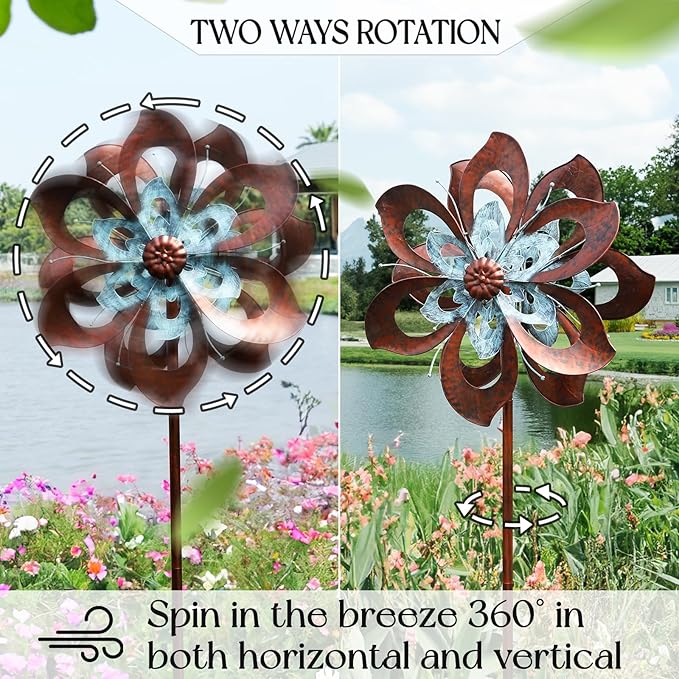 Pure Echo Garden Wind Spinner,Flower Wind Spinner,Outdoor Metal Wind Sculpture & Spinner Large 23 inch Dia 84 inch Height Kinetic Windmill for Garden Yard