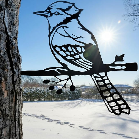 Renovatio Metal Bird Decor, Gifts for Mom, Rustic Bluejay Decoration, Metal Garden Sculpture, Outdoor Tree Ornaments – A Unique Outdoor Yard Decor – Bluejay (Black)