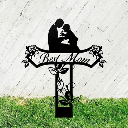 Rustic Metal Cross Memorial Stake, Mom Dad Grave Site Decorations Artificial Flowers for Cemetery, Ideal for Yard, Garden, Lawn & Tombstone, Cemetery Decorations for Grave (Mom)