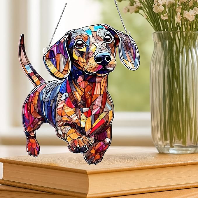 Colorful Dogs Acrylic Suncatcher Ornament for Window Decor, Acrylic Suncatcher Window Hanging Decor, Dog Lovers Gifts for Women, Dogs Christmas Ornaments for Tree Hanging (Dachshund)