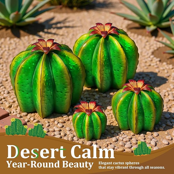Metal Cactus Yard Art Set of 4 - Hand Painted Barrel Cactus Garden Decor, Metal Cactus Sculptures for Outdoor Patio Lawn, Mexican Style Desert Garden Statues, Housewarming Gift (5"-12.6")
