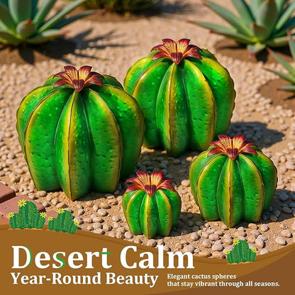 Metal Cactus Yard Art Set of 4 - Hand Painted Barrel Cactus Garden Decor, Metal Cactus Sculptures for Outdoor Patio Lawn, Mexican Style Desert Garden Statues, Housewarming Gift (5"-12.6")