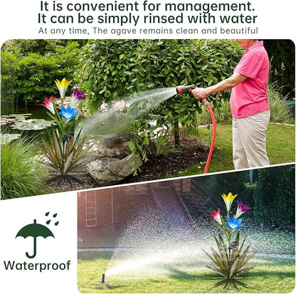 Homight Solar Metal Agave Lily Flower Garden Sculpture with LED Lights 30.3 Inch Waterproof Outdoor/Indoor Yard Decor Handmade Lawn Ornament Gift for Family Friends (2, Green)
