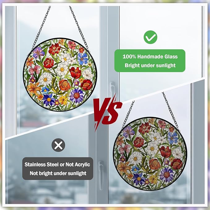 Flower Stained Glass Window Hanging, Suncatcher Diamond Glass Panel Hangings, Wildflower Colorful Sun Catchers Indoor Windows Wall Art, Gift for Mom Grandma, Christmas Decor for Home Office7.87 inches
