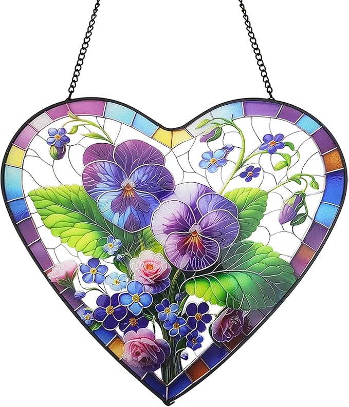Pansy & Rose Stained Glass Window Hanging, 9.8'' Sun Catcher Glass Panel Floral Wall Art Decor with Chain, Handcrafted Heart - Shaped Glass Gifts for Lovers, Housewarming Gift(Pansy & Rose)