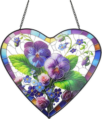 Pansy & Rose Stained Glass Window Hanging, 9.8'' Sun Catcher Glass Panel Floral Wall Art Decor with Chain, Handcrafted Heart - Shaped Glass Gifts for Lovers, Housewarming Gift(Pansy & Rose)