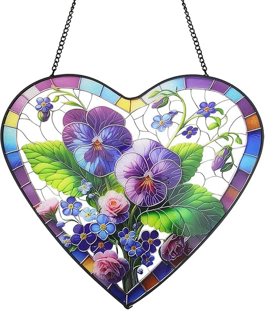 Pansy & Rose Stained Glass Window Hanging, 9.8'' Sun Catcher Glass Panel Floral Wall Art Decor with Chain, Handcrafted Heart - Shaped Glass Gifts for Lovers, Housewarming Gift(Pansy & Rose)