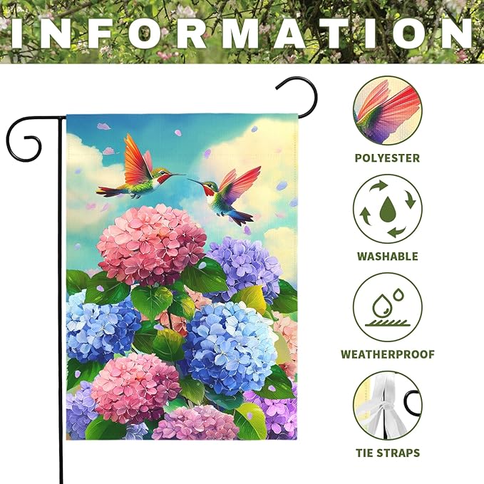 Spring Hummingbird Hydrangea Garden Flag Summer Floral Bird Outdoor Yard Flags Double Sided Flower House Banner Colorful Bloom Patio Lawn Porch Yard Seasonal Nature Home Decor 12x18 Inch