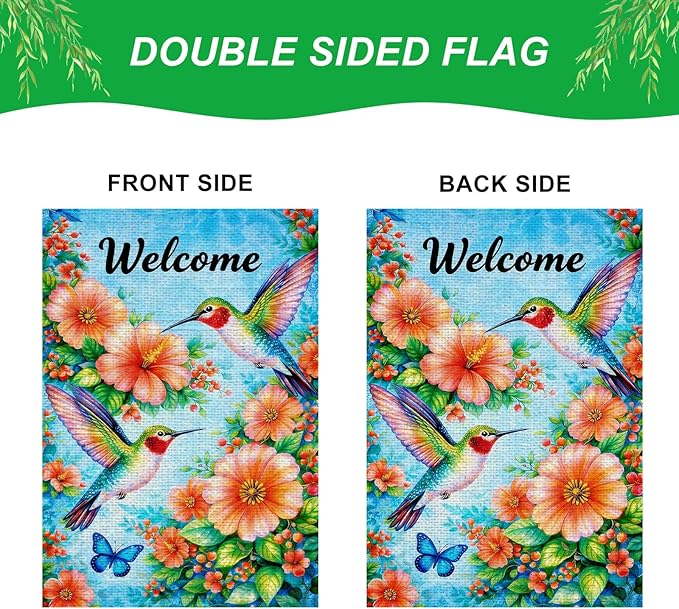 IVN Hummingbird Garden Flag 12x18 Inch – Welcome Floral Outdoor Flag, Double Sided Burlap Spring Summer Yard Flag for Porch Lawn Patio Decor
