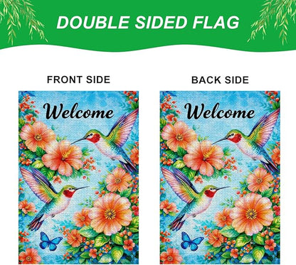 IVN Hummingbird Garden Flag 12x18 Inch – Welcome Floral Outdoor Flag, Double Sided Burlap Spring Summer Yard Flag for Porch Lawn Patio Decor