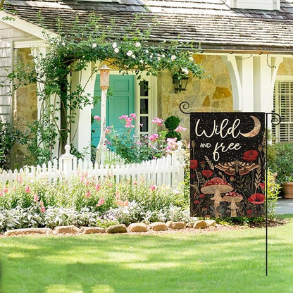 AVOIN colorlife Wild and Free Garden Flag 12x18 Inch Double Sided Outside, Mushroom Moon and Moth Yard Outdoor Flag